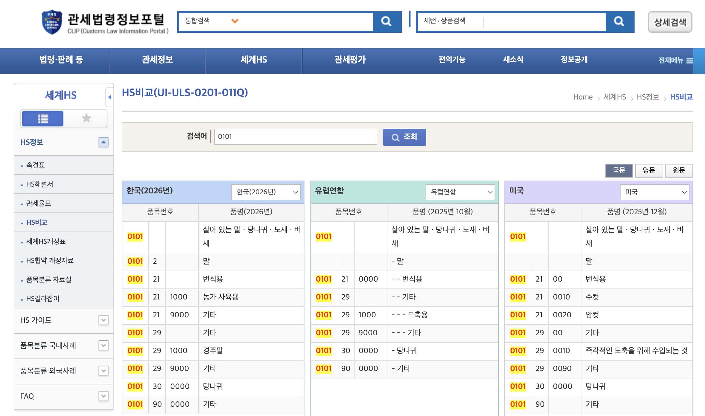 관세법령정보포털 세계HS
